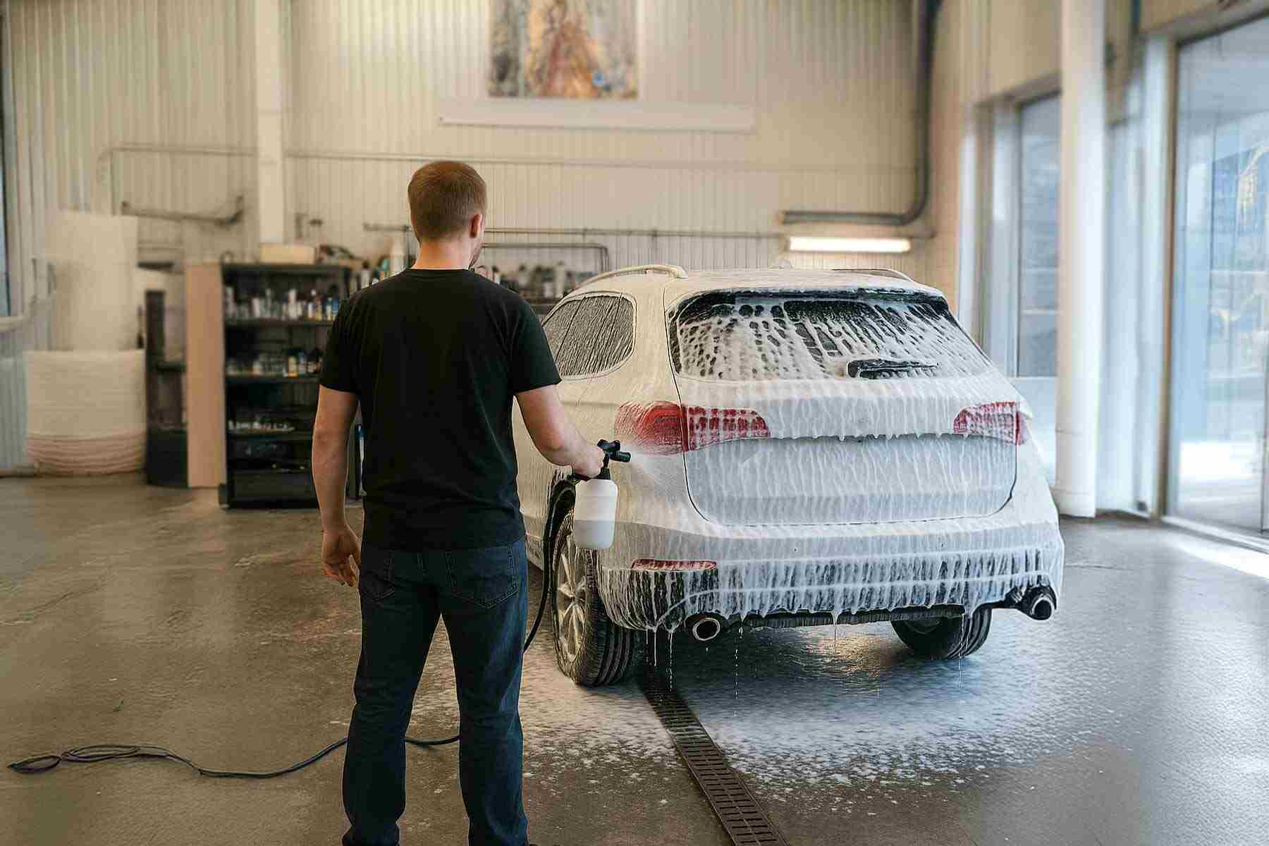 En person spolar av en löddrig bil